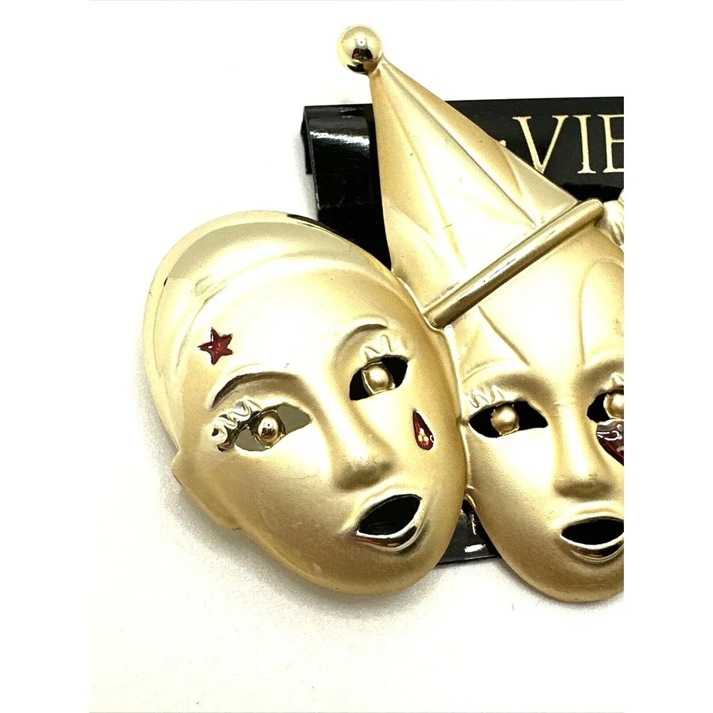 NWT Vintage EnVIE Circus Clowns Brooch 1980s Satin Gold Tone NOS Statement 3.5”